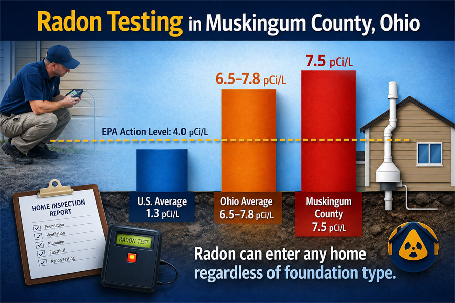 Learn why radon levels in Muskingum County can exceed national averages and why professional testing is important for Zanesville-area homeowners and buyers.